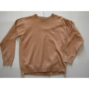 Tommy Hilfiger Sweater Mens Large Beige Crewneck Cotton Pullover Knit Flag Logo